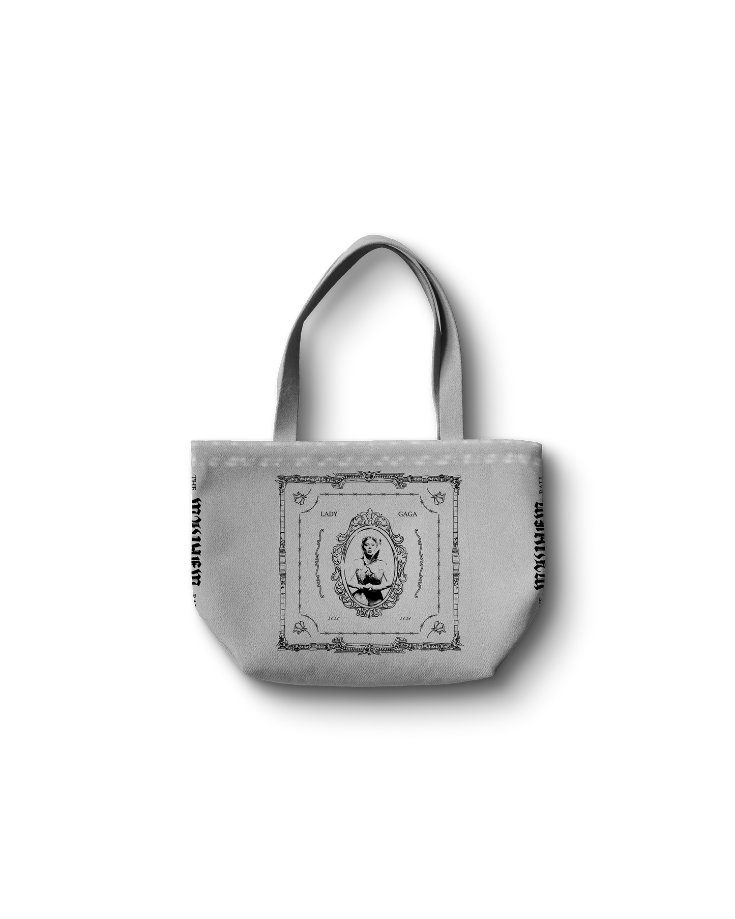 lady gaga gray opera haus tote bag back gaga merchandise featuring alternate portrait graphic in ornate vintage frame