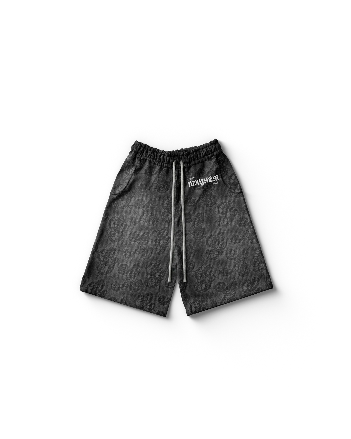lady gaga lace shorts front gaga merch featuring dark lace pattern design with mayhem ball logo detail