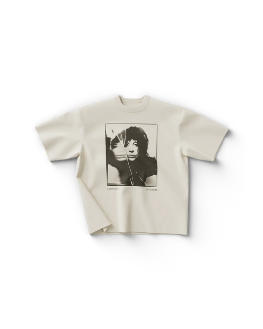 Cream Lady Gaga t-shirt front featuring black and white portrait photo print with Lady Gaga Mayhem text underneath
