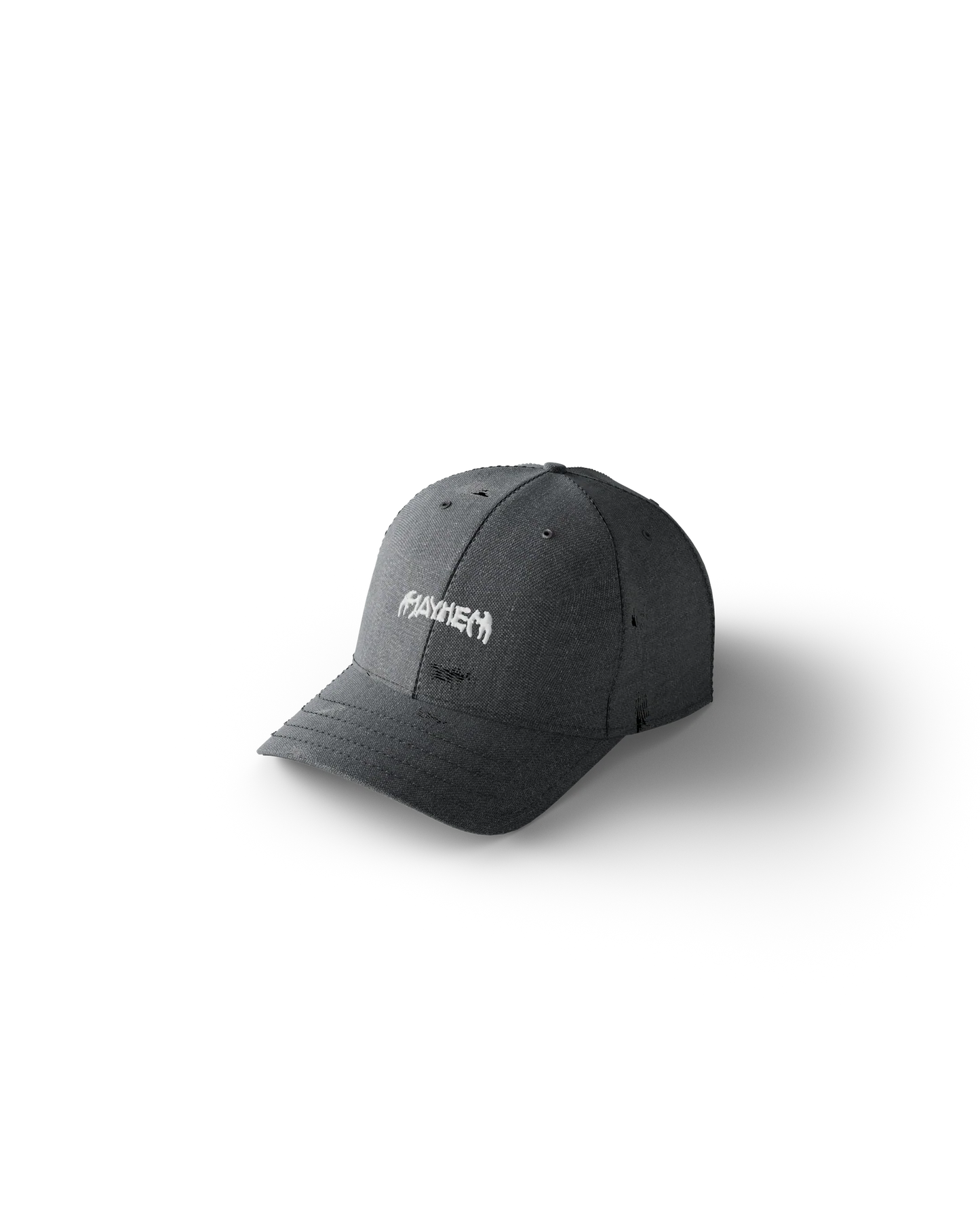 lady gaga mayhem gray hat front gaga merch featuring embroidered mayhem logo on distressed gray baseball cap