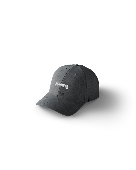 lady gaga mayhem gray hat front gaga merch featuring embroidered mayhem logo on distressed gray baseball cap