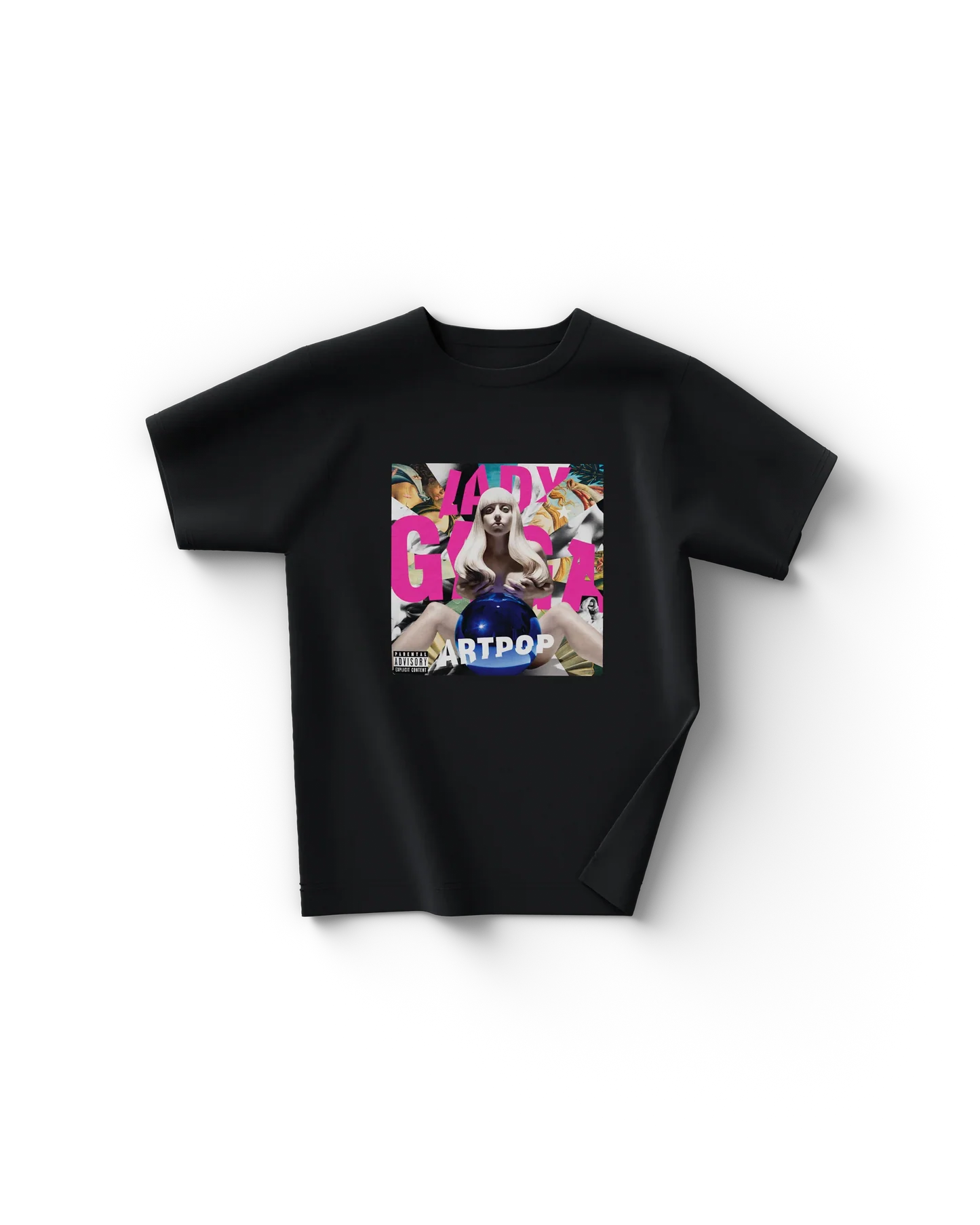 Black Lady Gaga t-shirt front view featuring ARTPOP album cover graphic with pink “LADY GAGA” text and blue sphere