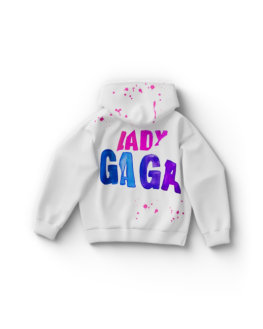 White Lady Gaga hoodie back view with large multicolor "Lady Gaga" text and paint splatter accents