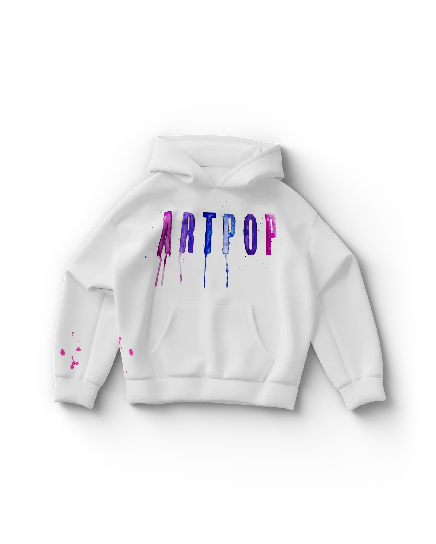 White Lady Gaga hoodie front view featuring colorful dripping ARTPOP text with paint splatter details