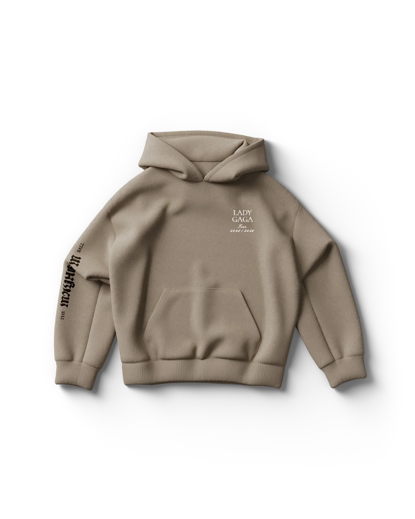 Beige Lady Gaga hoodie front view with small "Lady Gaga Tour 2025 / 2026" text on chest and "The Mayhem Ball" text on sleeve