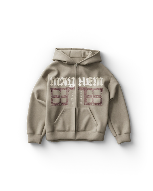 Beige Lady Gaga zip hoodie front view with "Opera Haus" gothic text and architectural graphic with "Lady Gaga" text