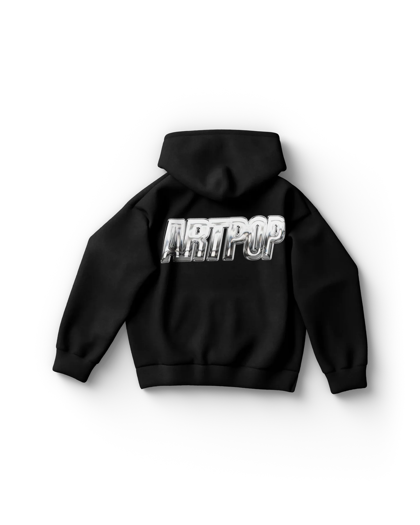 Black Lady Gaga merch hoodie back view with metallic chrome text "ARTPOP" centered on back