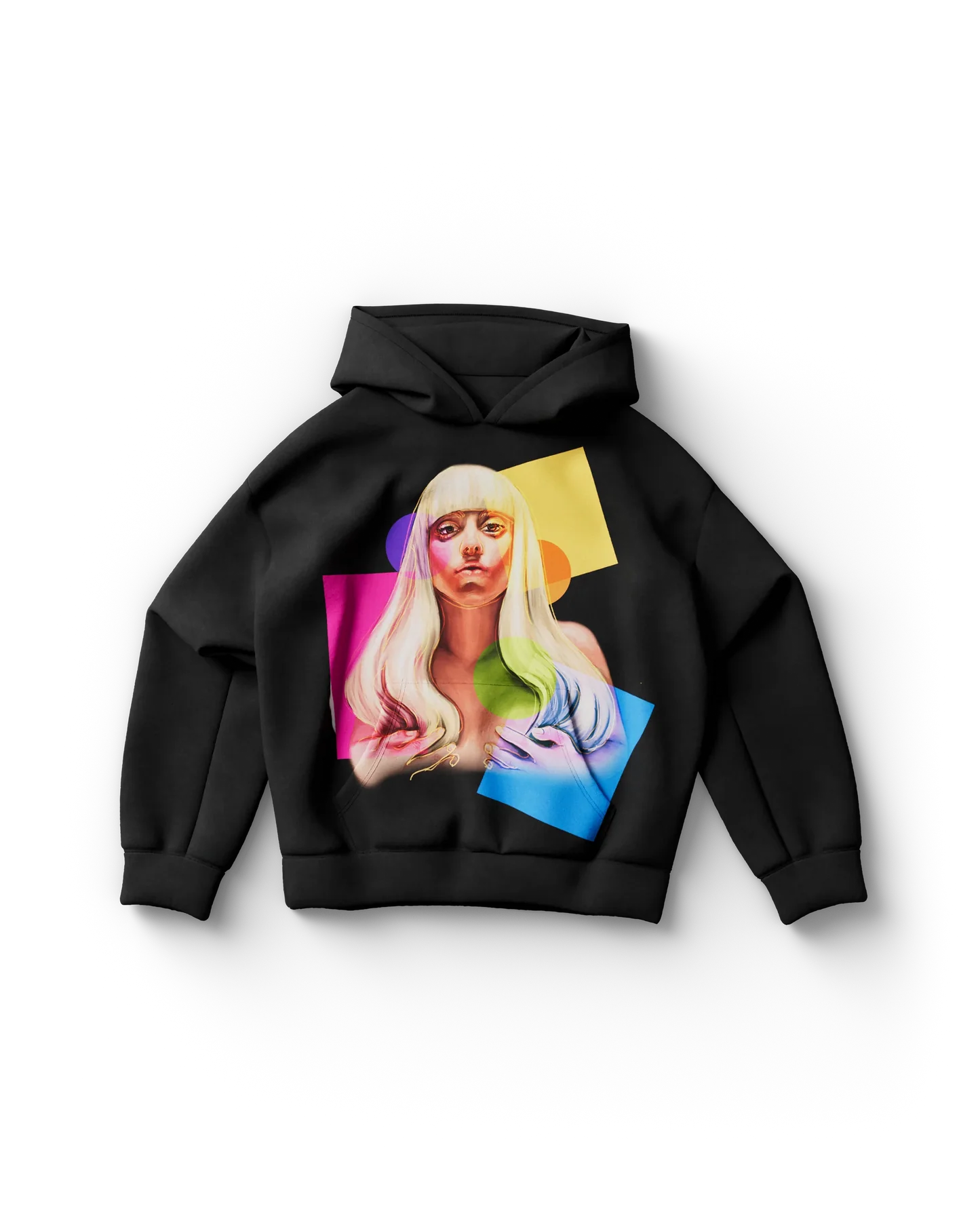 Black Lady Gaga merch hoodie front view with colorful portrait and layered geometric shapes in ARTPOP style