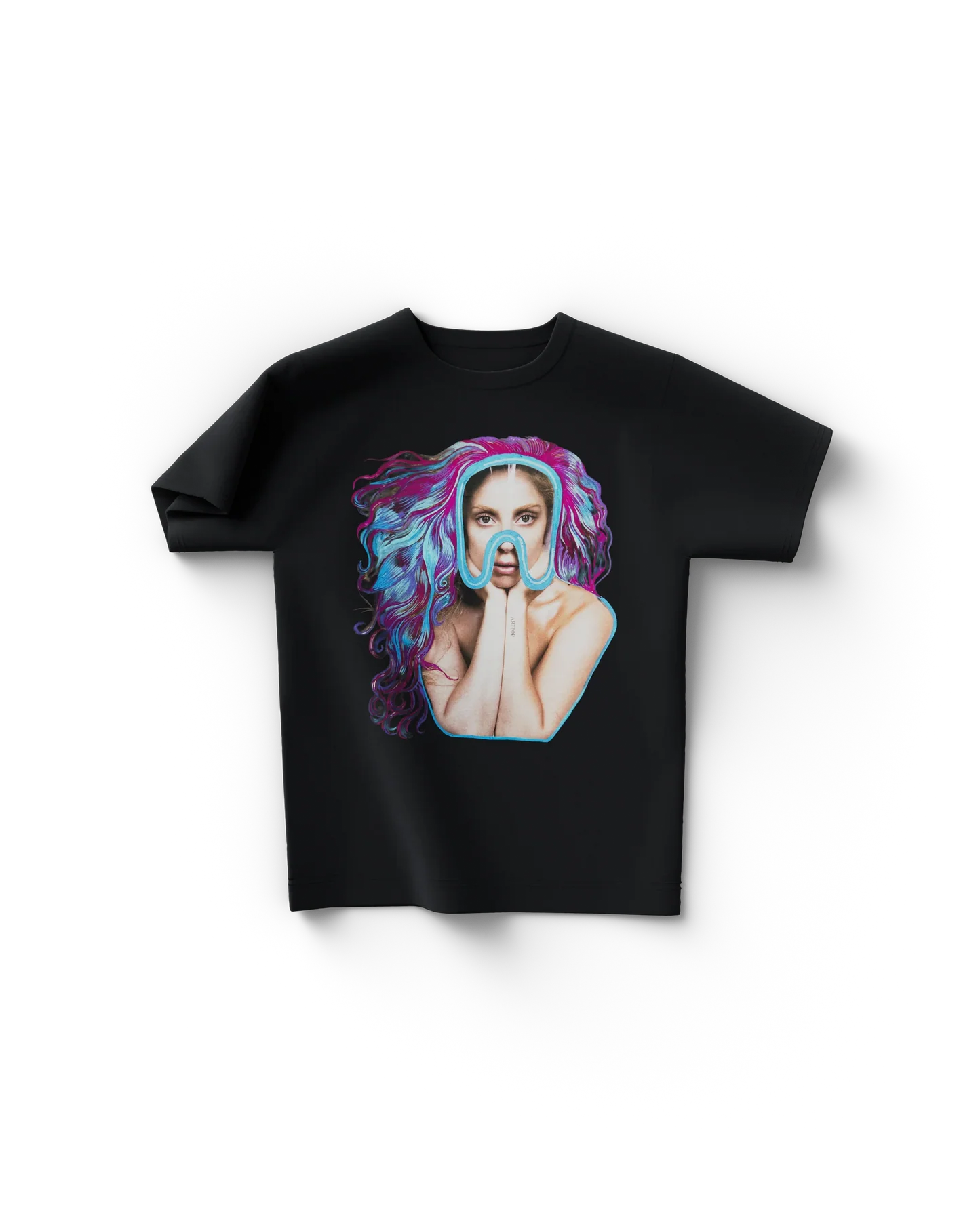 Black Lady Gaga merch t shirt front view with colorful portrait featuring blue mask and vibrant pink and blue hair