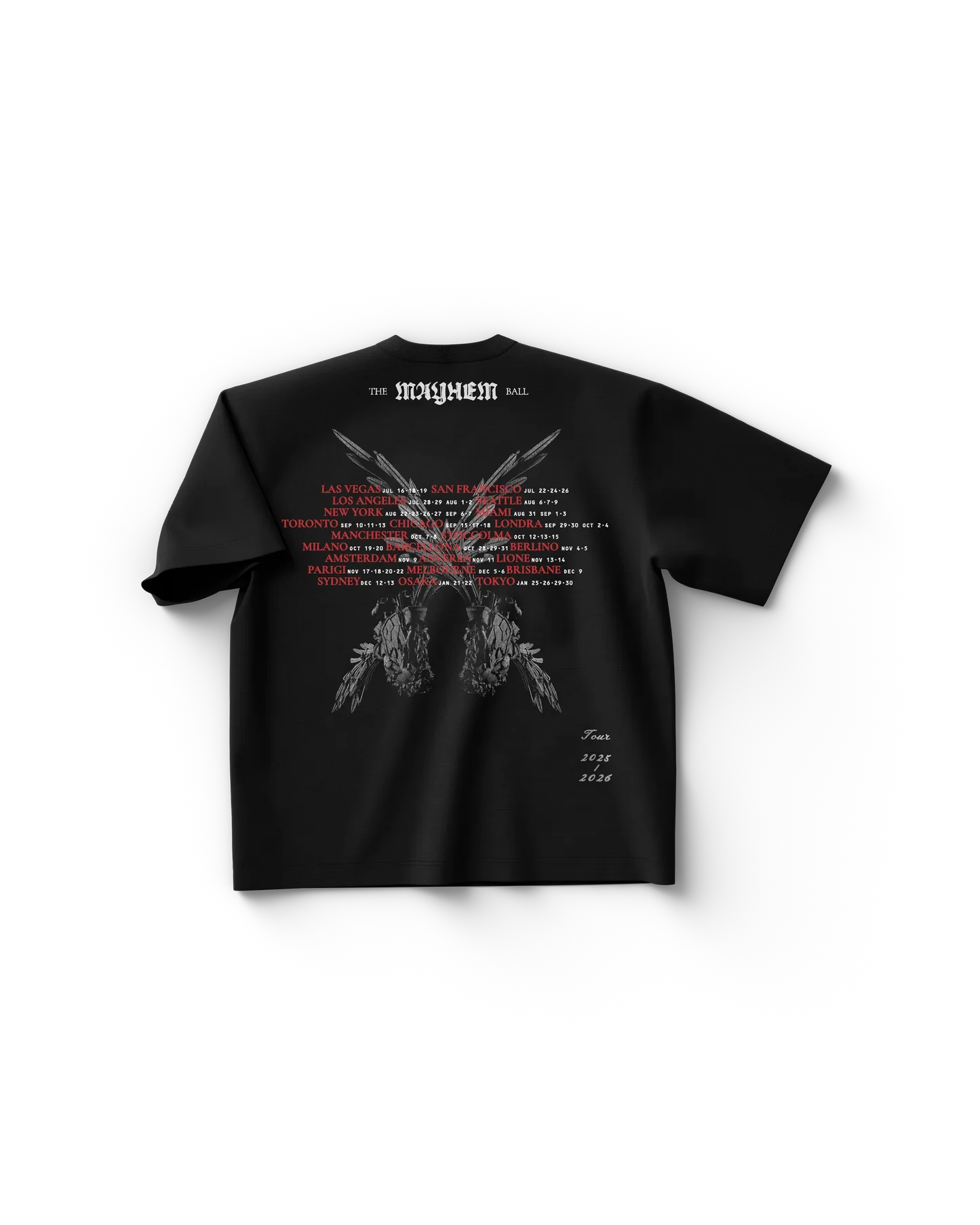 Black Lady Gaga t shirt back view with "The Mayhem Ball" tour dates graphic in red and white with winged artwork