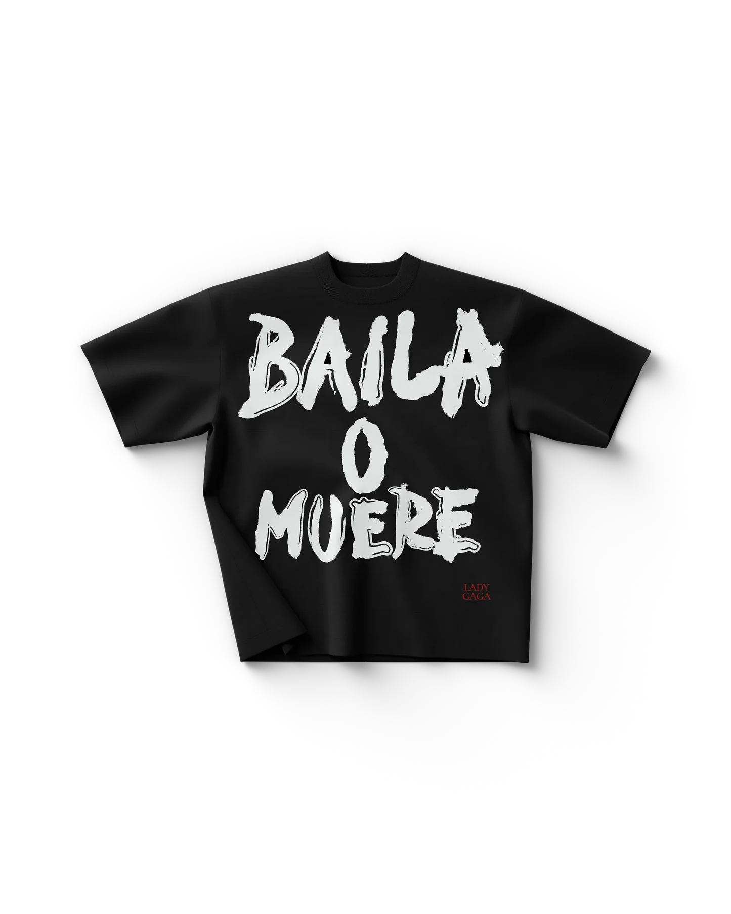 Black Lady Gaga t shirt front view with large white text "Balla O Muori" and small red "Lady Gaga" detail