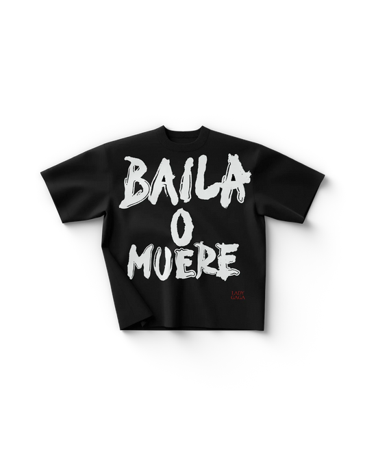 Black Lady Gaga t shirt front view with large white text "Balla O Muori" and small red "Lady Gaga" detail