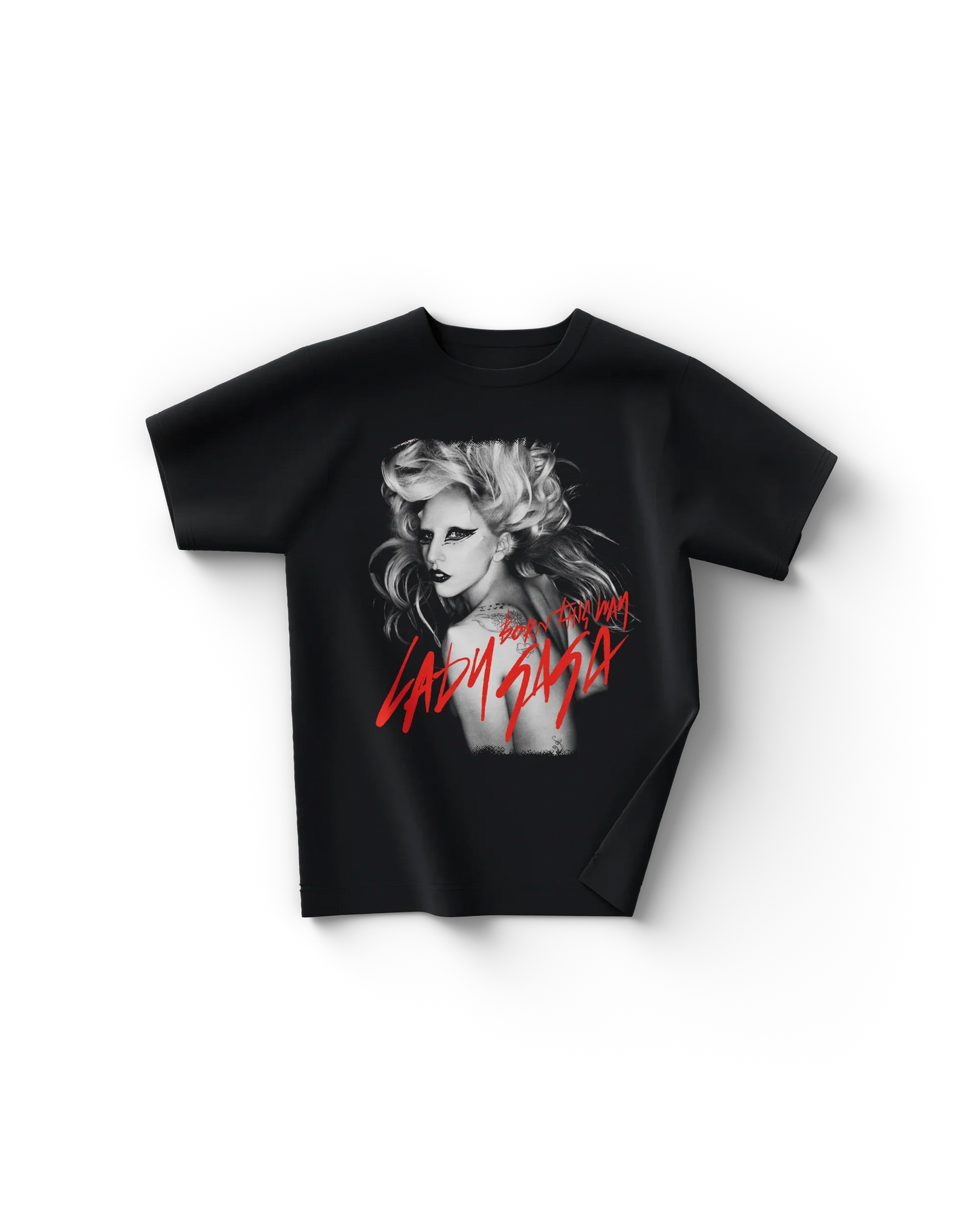 Black Lady Gaga merch t shirt front view with black and white portrait and red script text "Lady Gaga Born This Way"