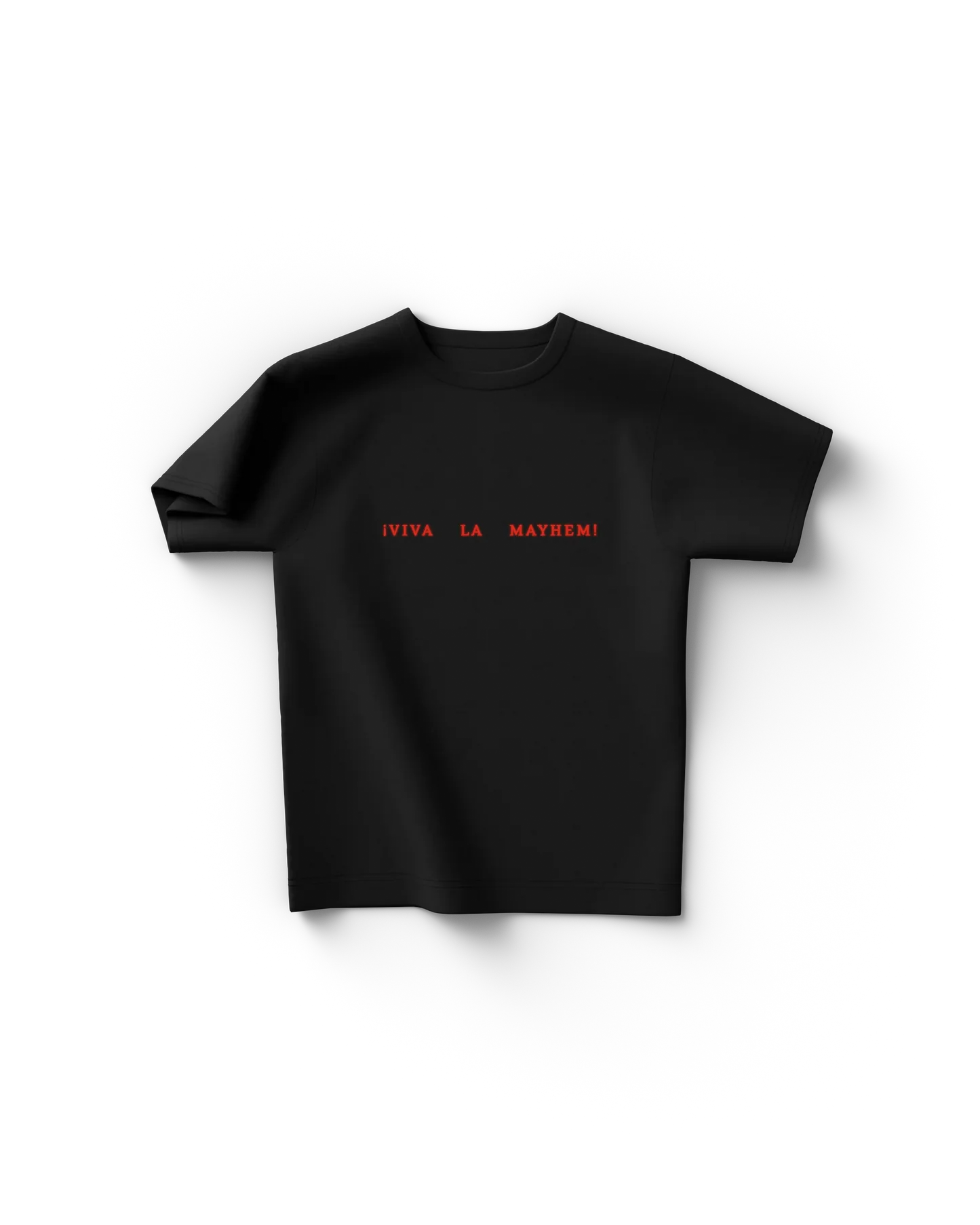 Black Lady Gaga t shirt front view with small red "Viva La Mayhem!" text centered on chest