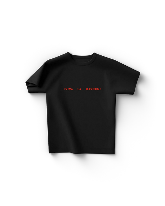 Black Lady Gaga t shirt front view with small red "Viva La Mayhem!" text centered on chest