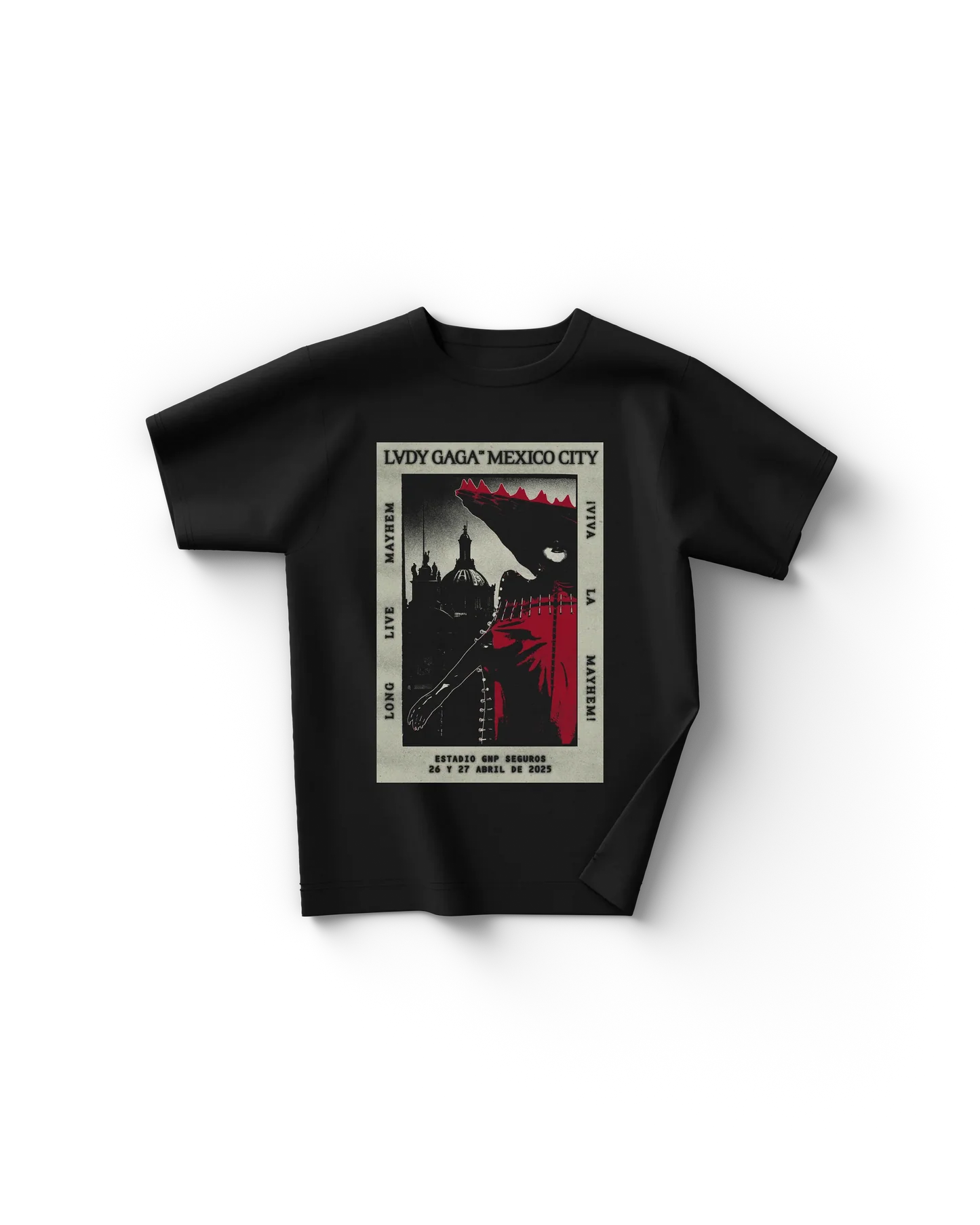 Black Lady Gaga t shirt front view featuring Mexico City poster graphic with red and black design and tour date details