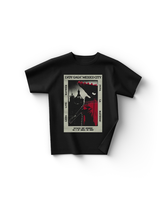 Black Lady Gaga t shirt front view featuring Mexico City poster graphic with red and black design and tour date details