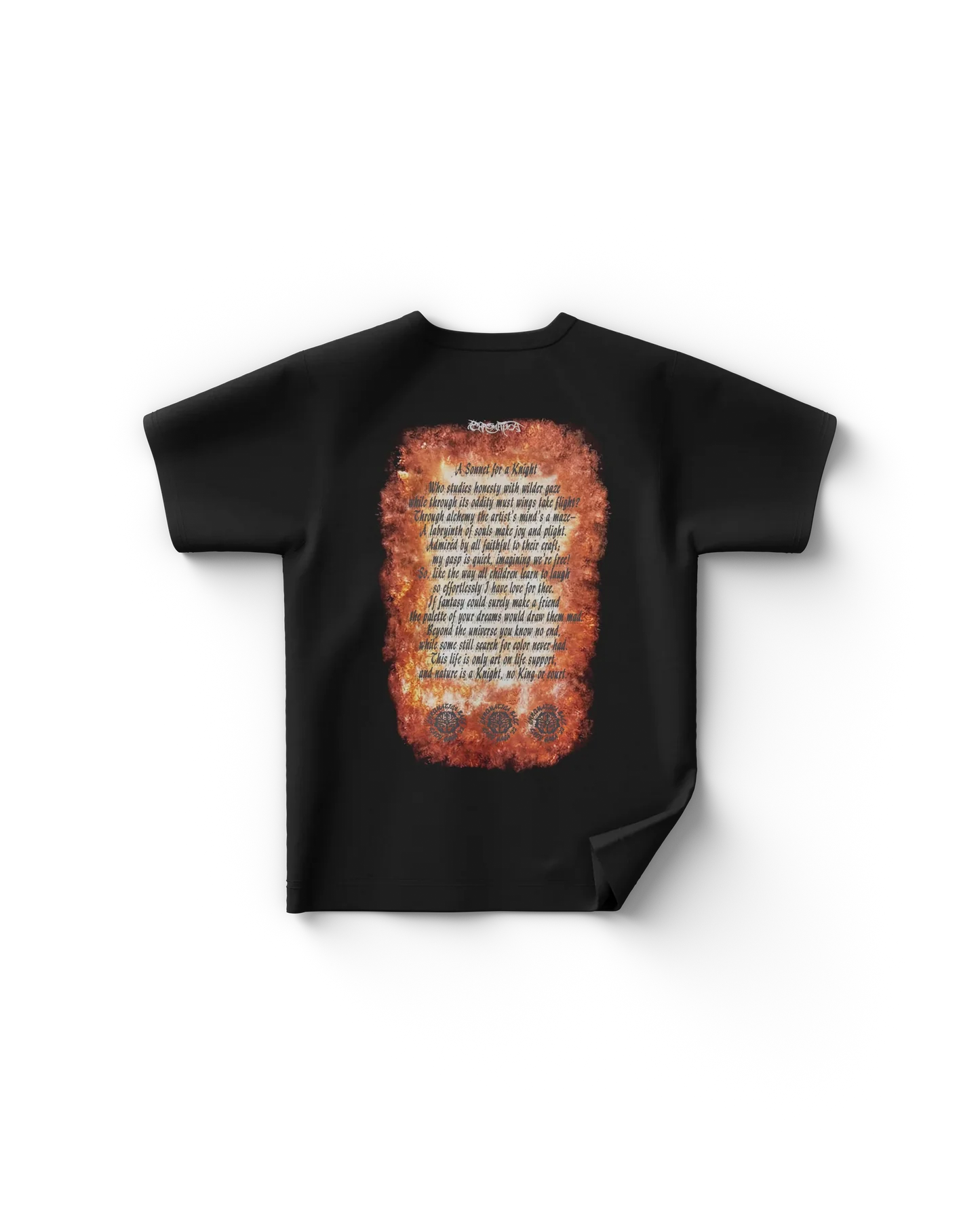 Black Lady Gaga merch t shirt back view with fiery parchment-style graphic featuring a printed sonnet poem and decorative emblems