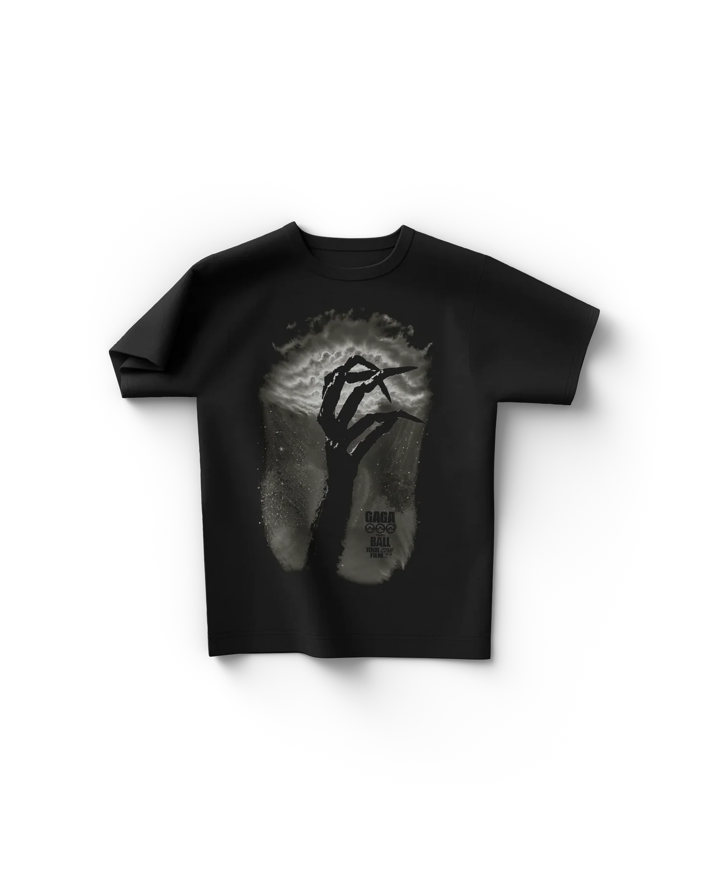 Black Lady Gaga merch t shirt front view with dark abstract hand silhouette reaching through cloudy light effect and Chromatica Ball text