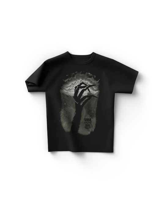 Black Lady Gaga merch t shirt front view with dark abstract hand silhouette reaching through cloudy light effect and Chromatica Ball text