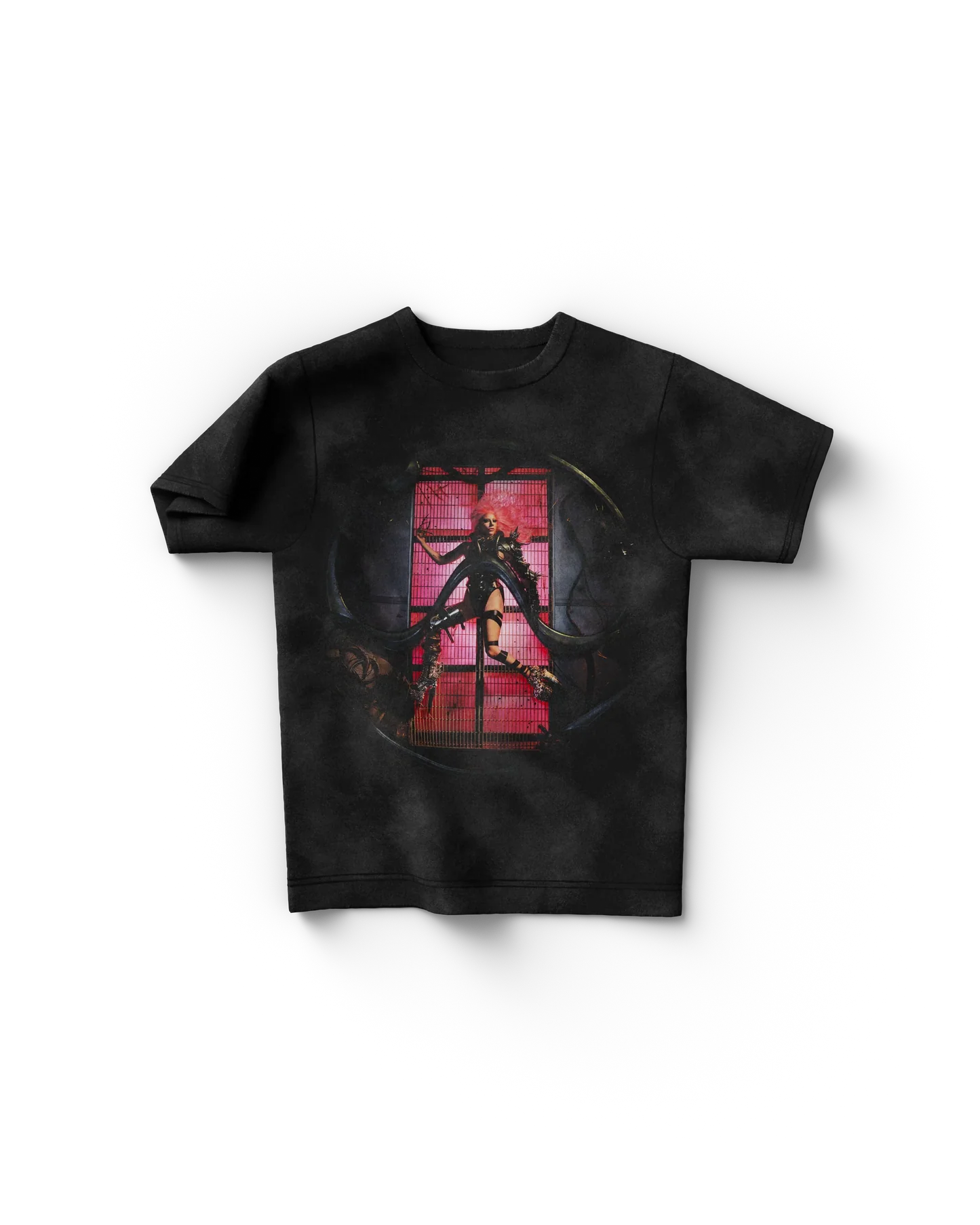Black Lady Gaga merch t shirt front view with Chromatica era graphic of Gaga in black outfit posed against red grid backdrop