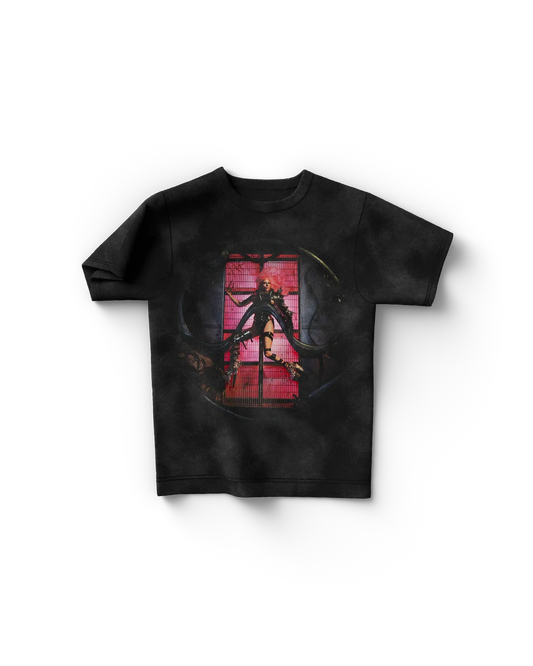 Black Lady Gaga merch t shirt front view with Chromatica era graphic of Gaga in black outfit posed against red grid backdrop