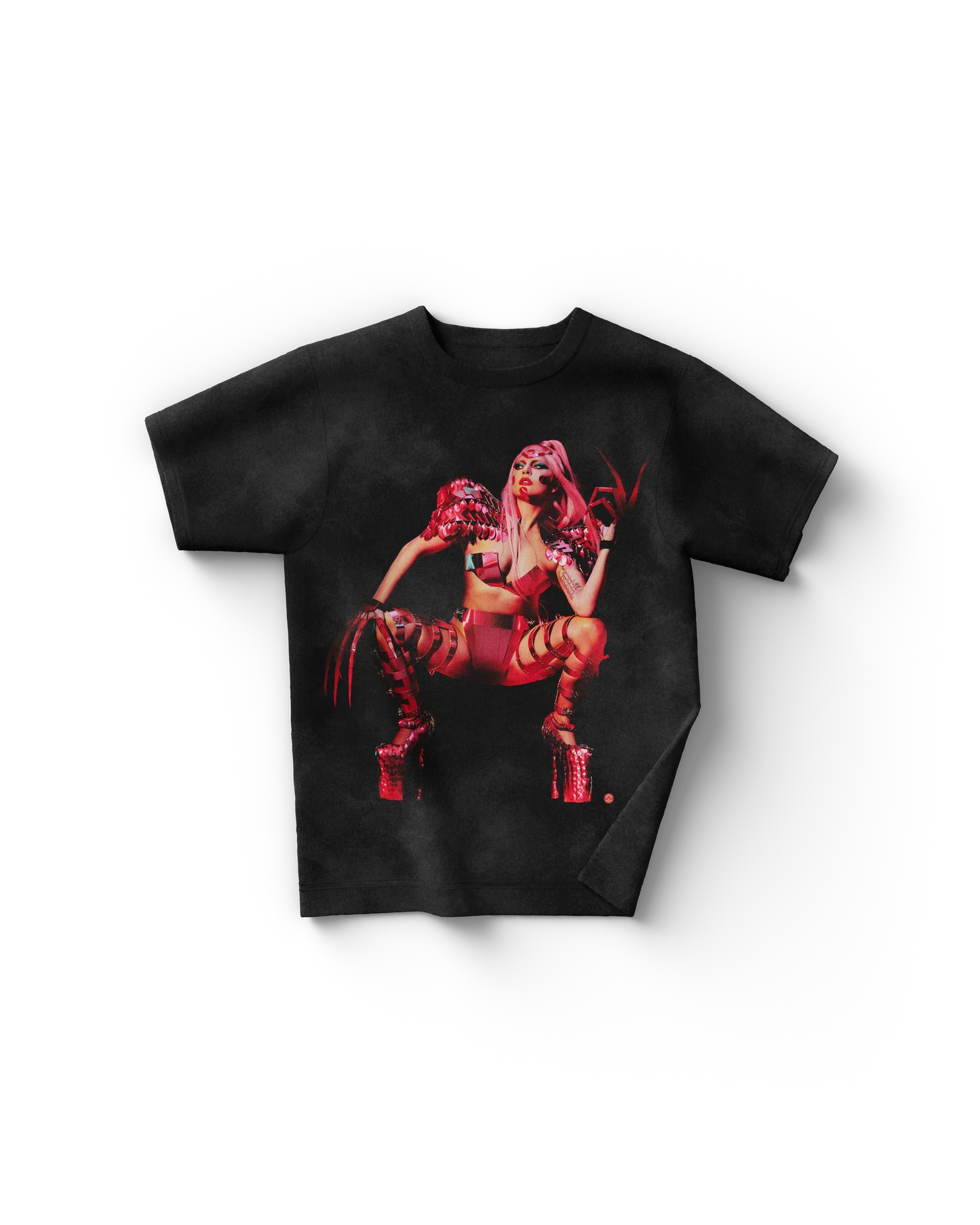 Black Lady Gaga merch t shirt front view with Gaga in red spiked outfit and platform heels in bold Chromatica era pose
