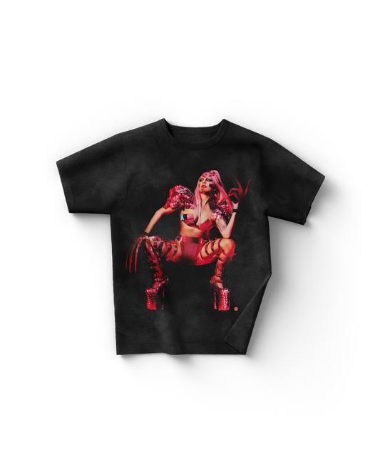 Black Lady Gaga merch t shirt front view with Gaga in red spiked outfit and platform heels in bold Chromatica era pose