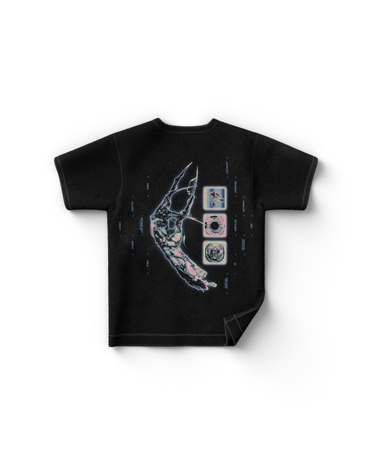Black Lady Gaga merch t shirt back view with metallic claw graphic and futuristic panels in Chromatica era design