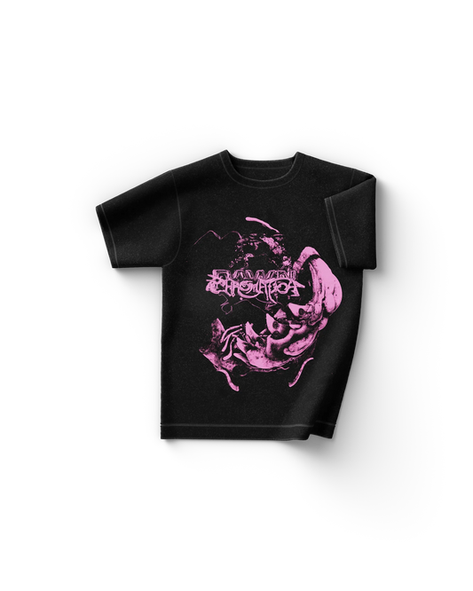 Black Lady Gaga merch t shirt front view with pink "Chromatica" text over abstract sculptural graphic in dark aesthetic
