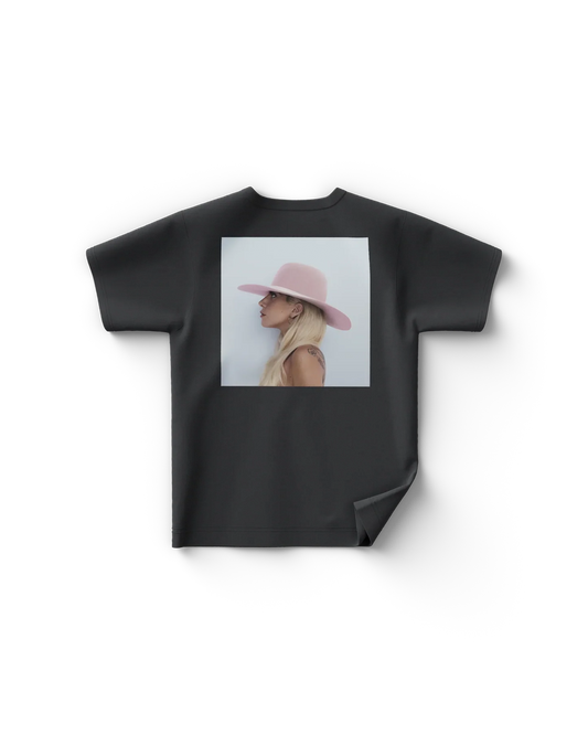 Black Lady Gaga t shirt back view with square portrait graphic of Lady Gaga wearing pink hat