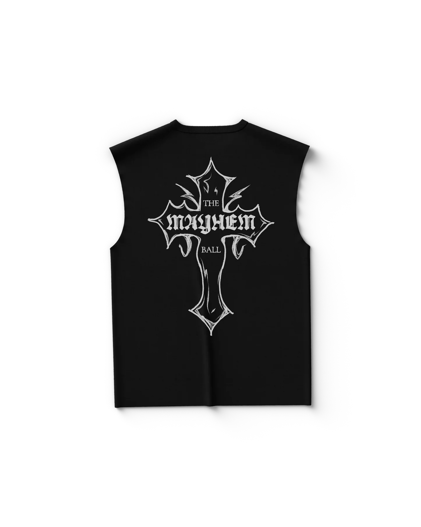 Black Lady Gaga sleeveless cutoff shirt back view with large gothic cross graphic and text "The Mayhem Ball"