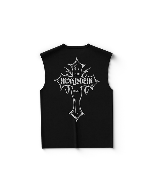 Black Lady Gaga sleeveless cutoff shirt back view with large gothic cross graphic and text "The Mayhem Ball"