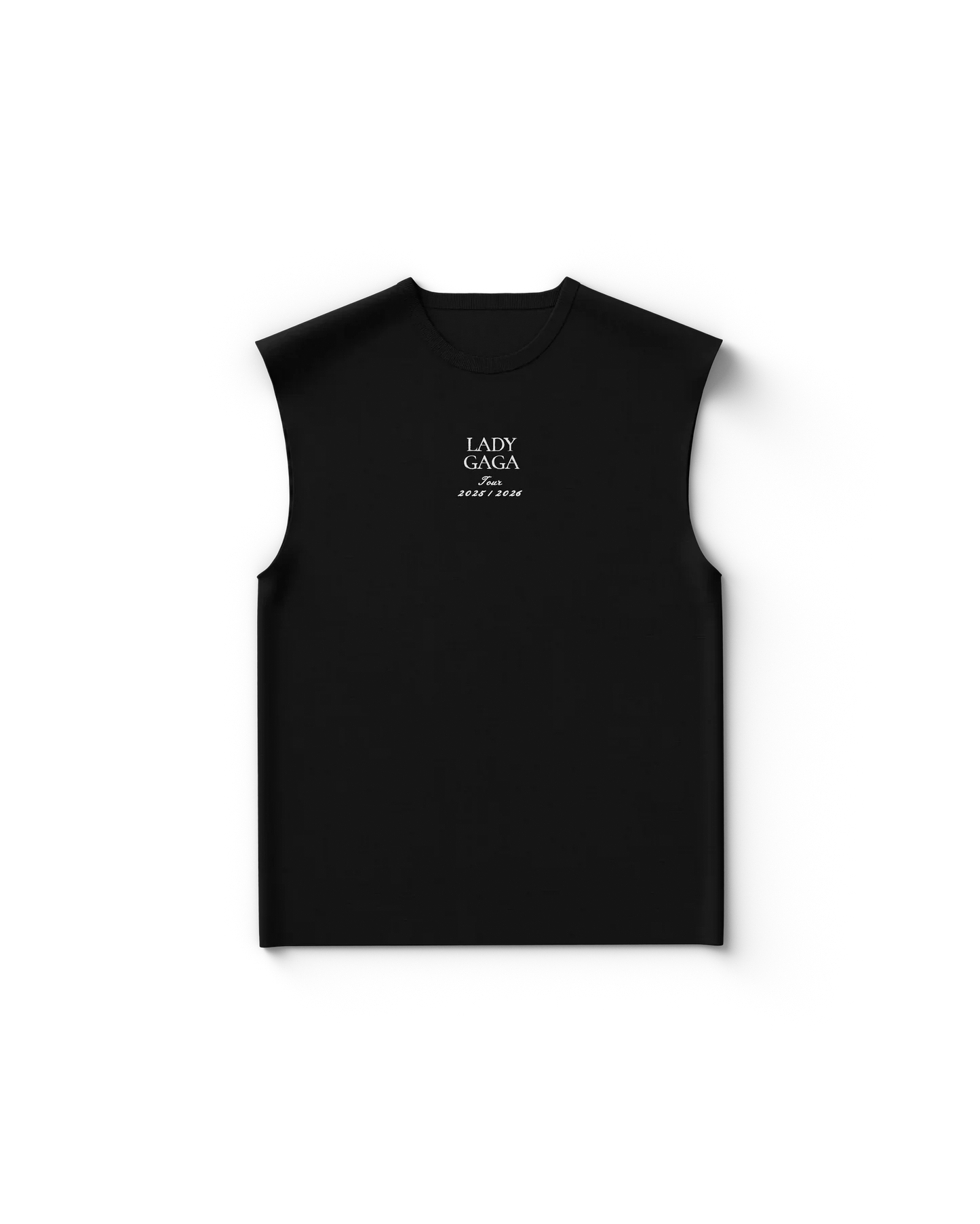 Black Lady Gaga sleeveless cutoff shirt front view with small centered text "Lady Gaga Tour 2025/2026"