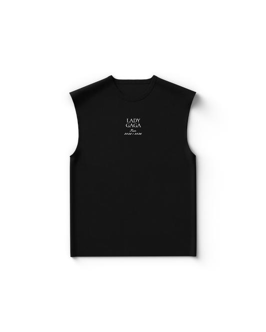 Black Lady Gaga sleeveless cutoff shirt front view with small centered text "Lady Gaga Tour 2025/2026"