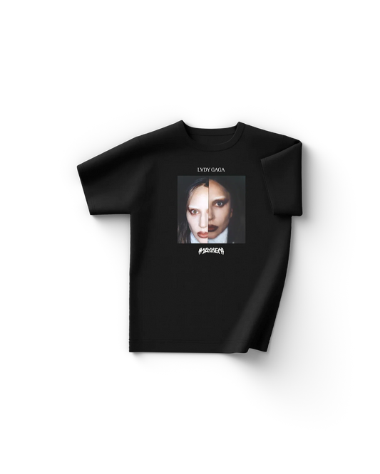 Black Lady Gaga t shirt front view with split dual-face portrait graphic and text "Lady Gaga" above and "Mayhem" below