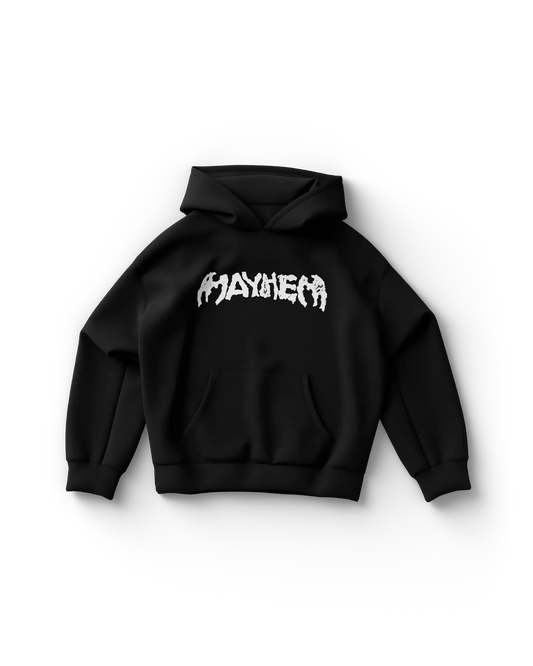 Black Lady Gaga hoodie front view with bold white distorted text "Mayhem" across the chest