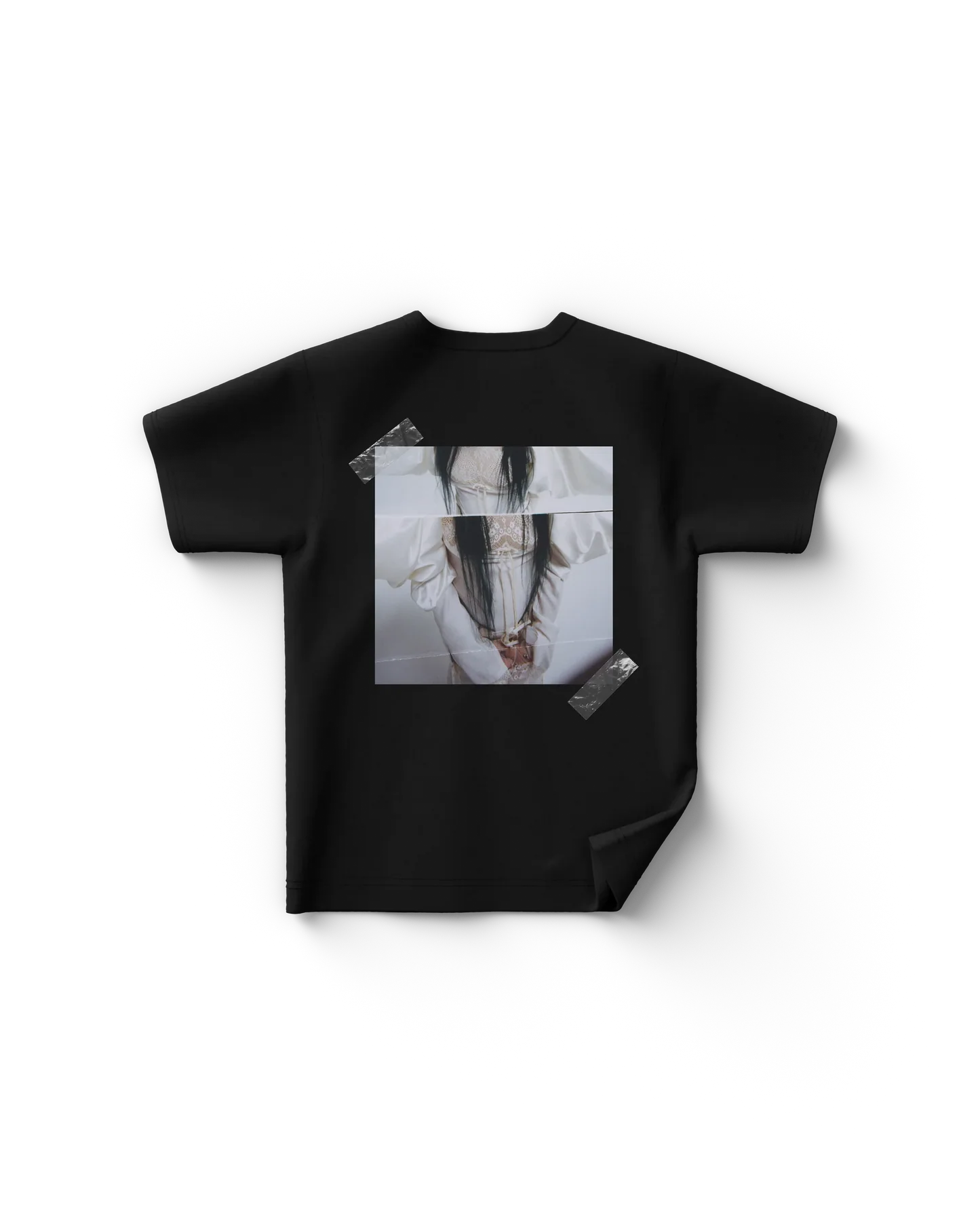 Black Lady Gaga t shirt back view with square portrait graphic styled with taped edges design