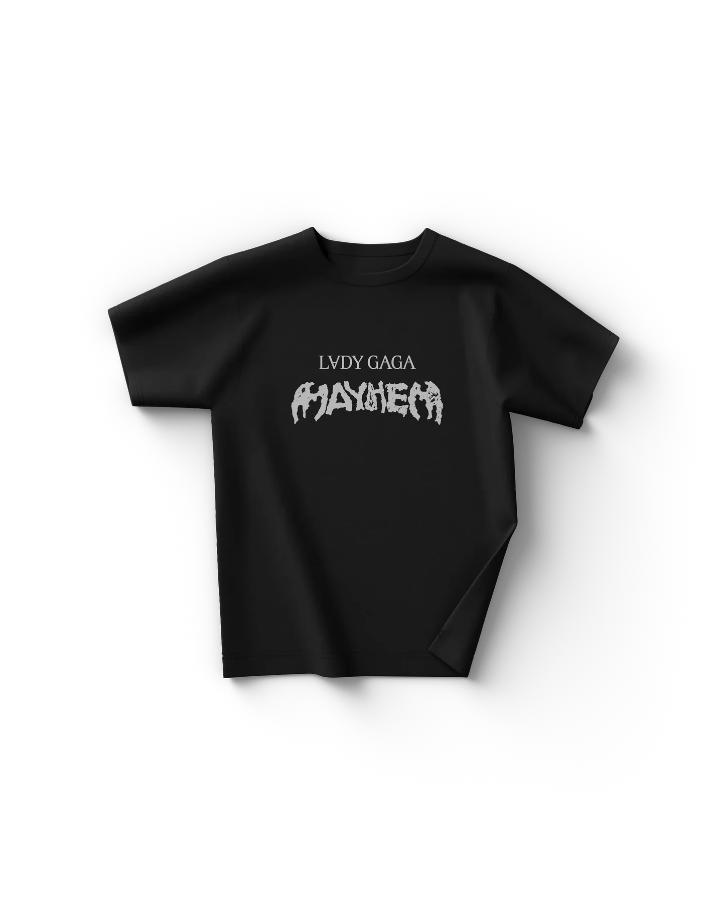 Black Lady Gaga t shirt front view with white text "Lady Gaga Mayhem" across the chest