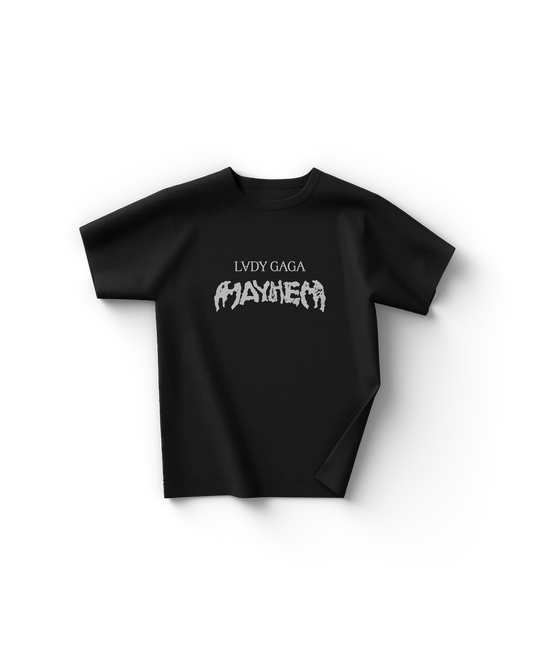 Black Lady Gaga t shirt front view with white text "Lady Gaga Mayhem" across the chest