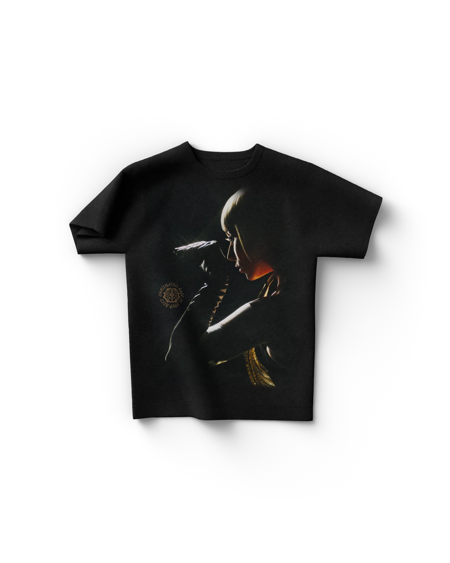 Black Lady Gaga merch t shirt front view with dramatic side profile portrait in warm lighting and Chromatica era styling