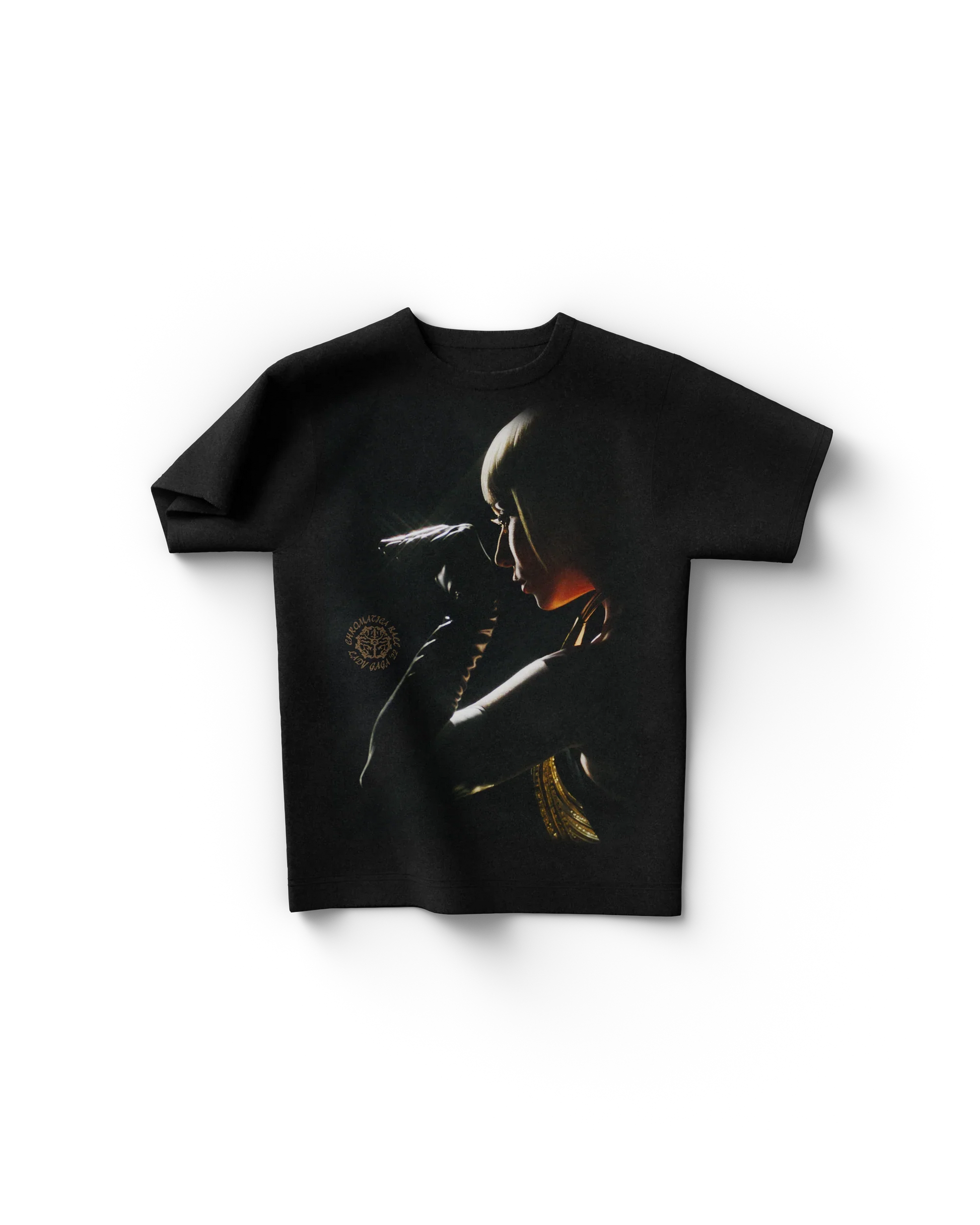 Black Lady Gaga merch t shirt front view with dramatic side profile portrait in warm lighting and Chromatica era styling