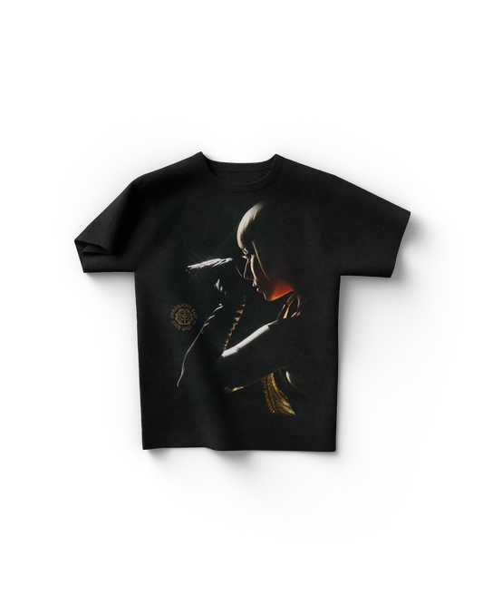 Black Lady Gaga merch t shirt front view with dramatic side profile portrait in warm lighting and Chromatica era styling
