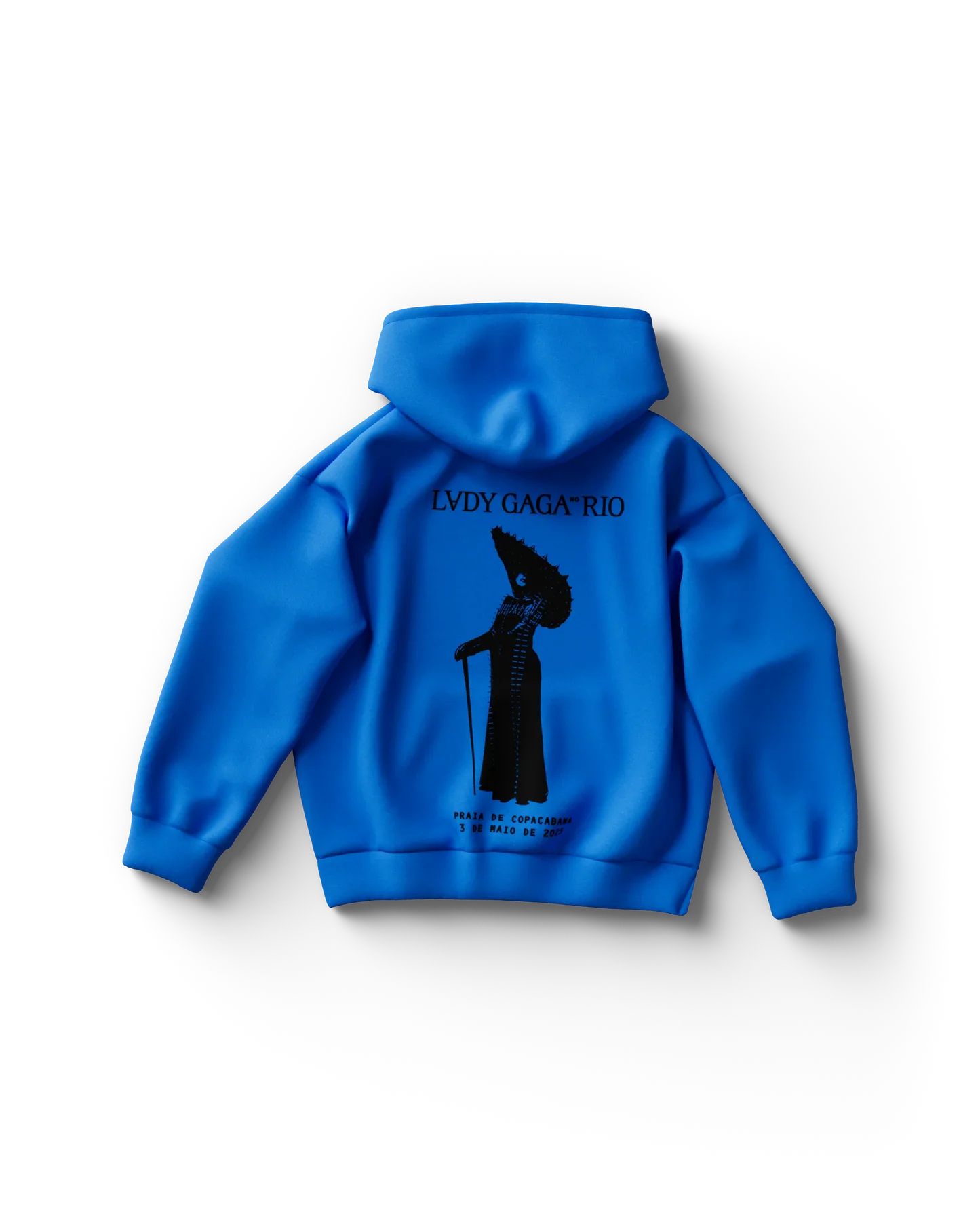 Blue Lady Gaga hoodie back view with “LVDY GAGA RIO” text and black silhouette graphic with Copacabana date text
