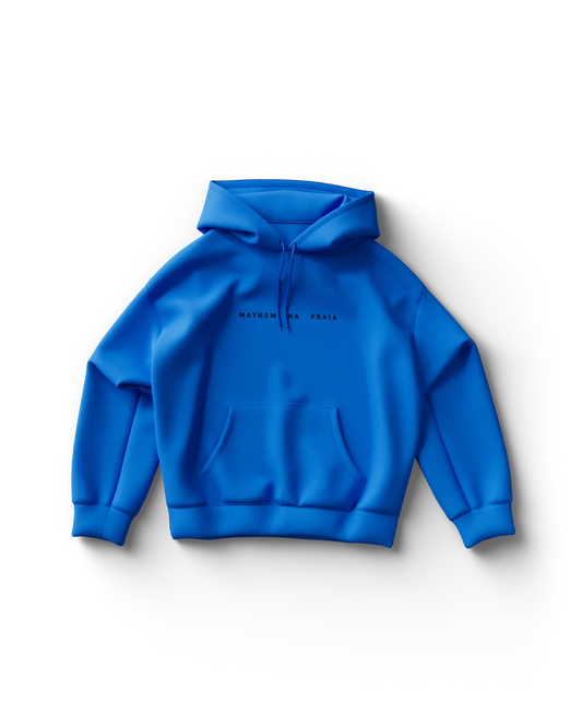 Blue Lady Gaga hoodie front view featuring small “Mayhem na Praia” text across chest