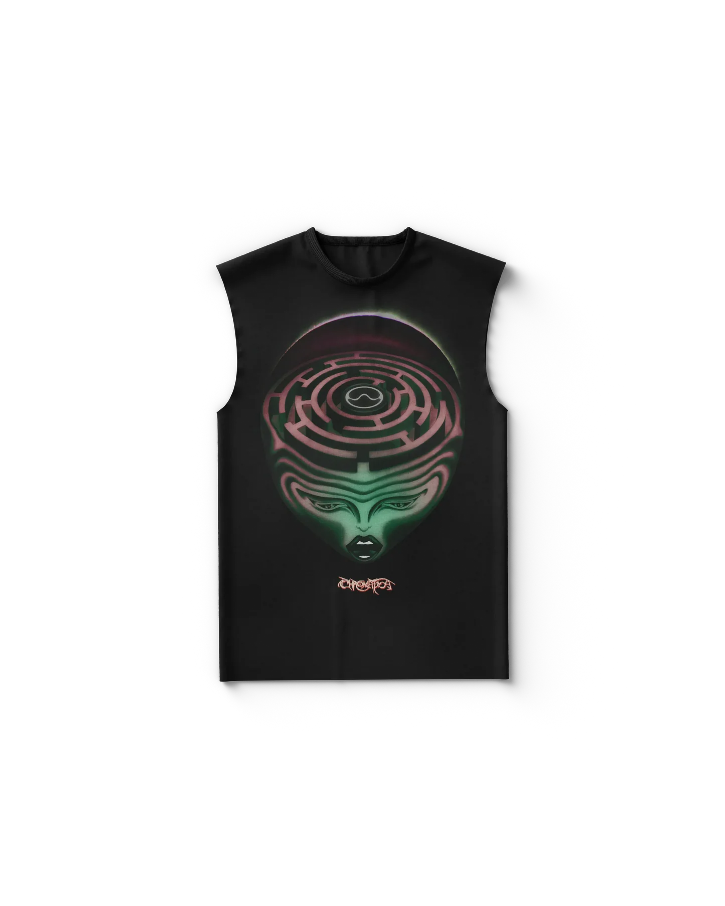 Black sleeveless Lady Gaga tank top front view featuring green and red Chromatica brain maze graphic with logo text