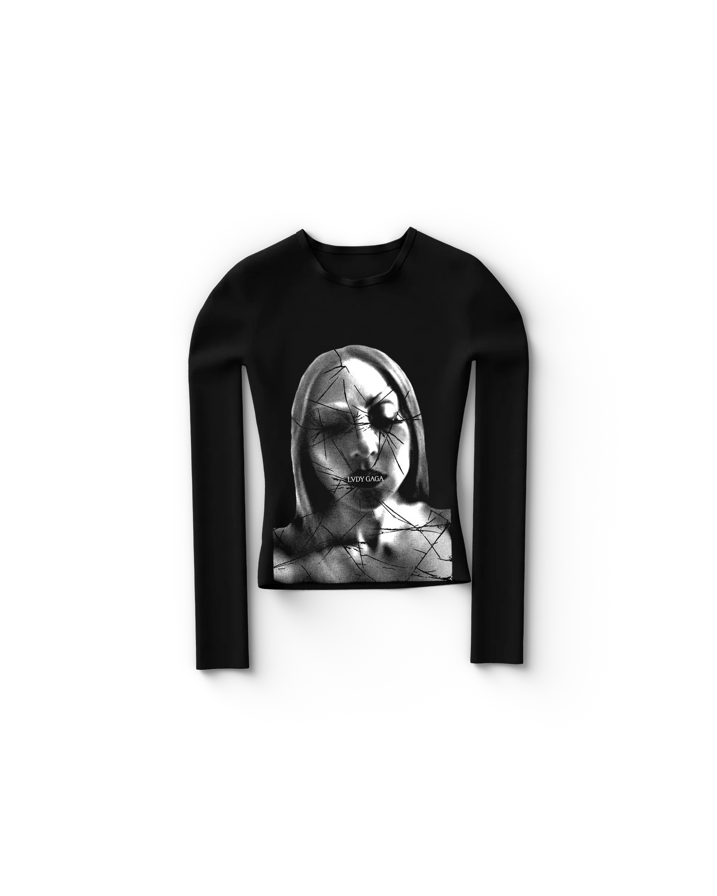 Black Lady Gaga fitted long sleeve t-shirt featuring cracked glass portrait graphic with “Lady Gaga” text, dark edgy Gaga merch design