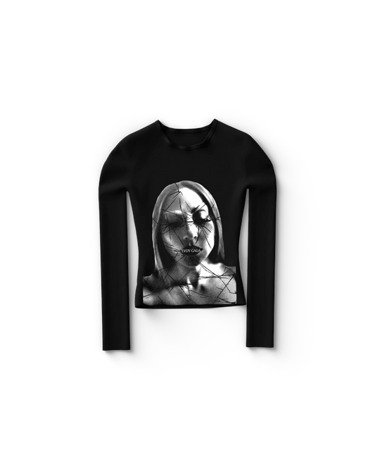 Black Lady Gaga fitted long sleeve t-shirt featuring cracked glass portrait graphic with “Lady Gaga” text, dark edgy Gaga merch design