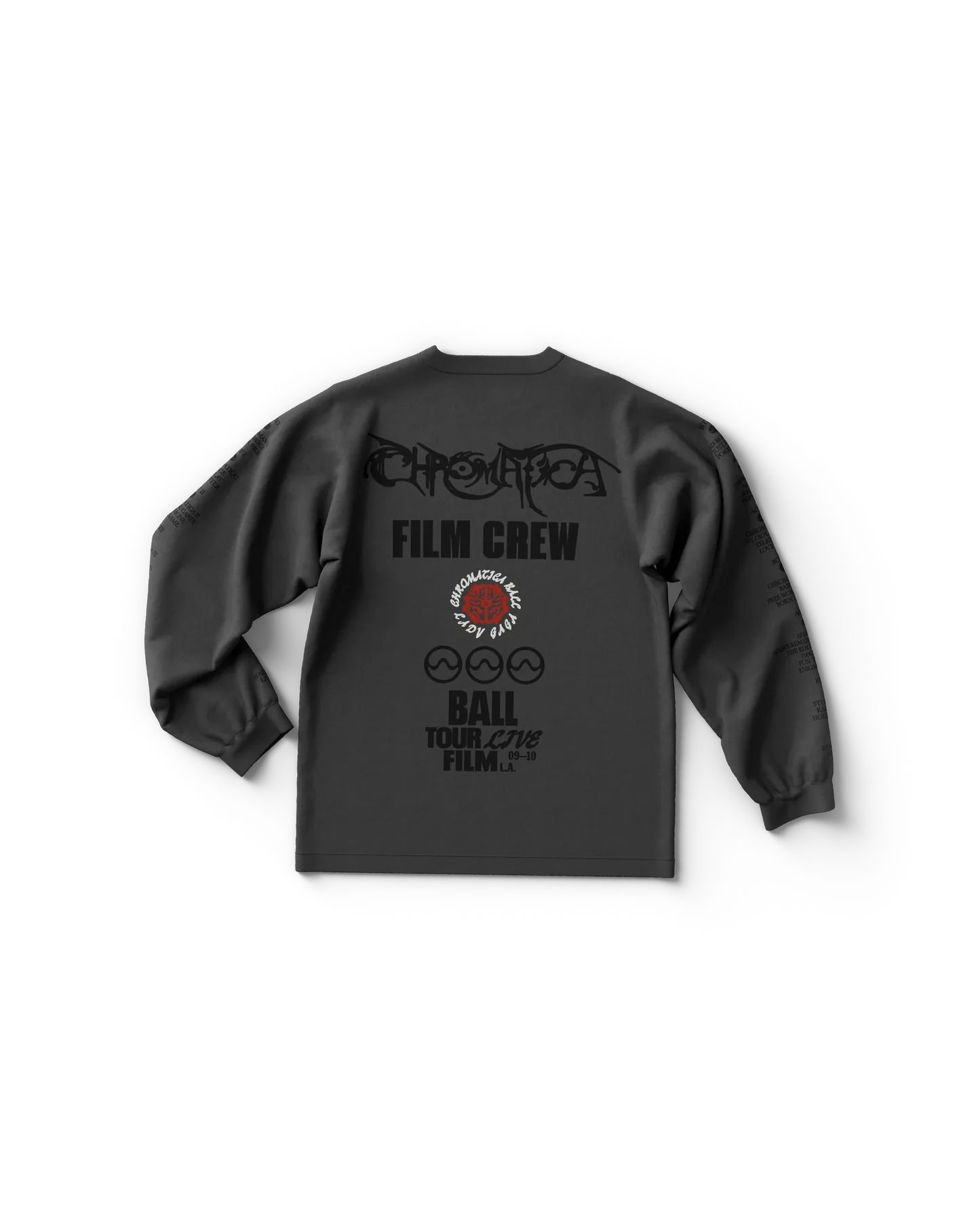 Dark gray Lady Gaga long sleeve t shirt back view with “Chromatica Ball Film Crew” text and tour graphics, bold Gaga tour merch design