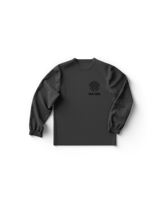 Dark gray Lady Gaga merch long sleeve t shirt front view with small “Chromatica Ball Film Crew” chest graphic, minimal Gaga tour merch design